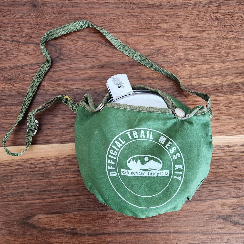 Vintage Official Trail Mess Kit Aluminum American Camper Scouts Green Bag